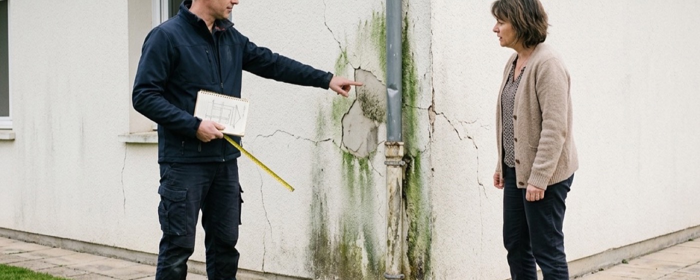 Façadier qui conseille un propriétaire devant sa façade à ravaler