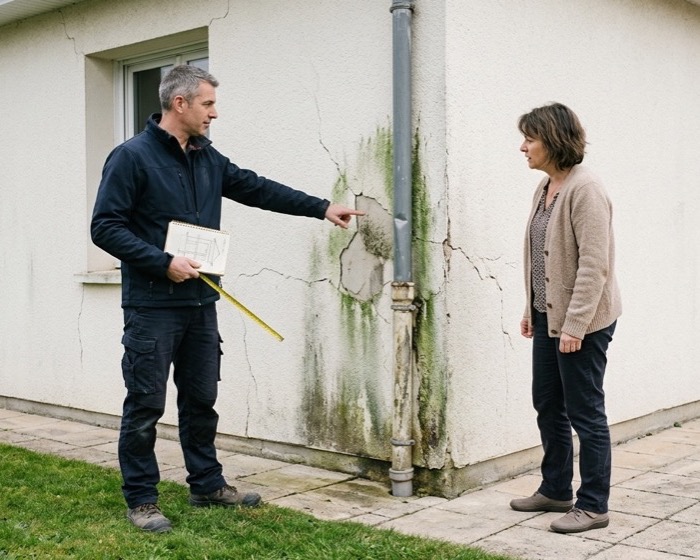Façadier qui conseille un propriétaire devant sa façade à ravaler