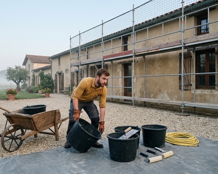 Façadier qui prépare son matériel de ravalement au pied d'une façade
