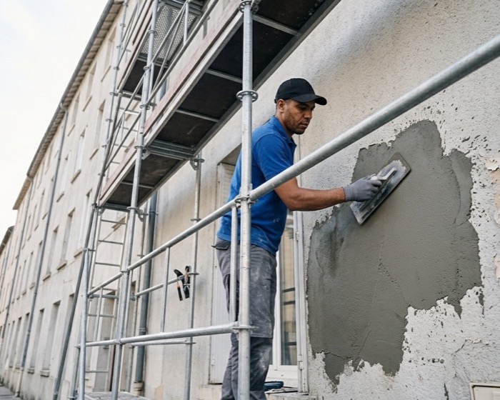Façadier au travail sur le ravalement d'une façade