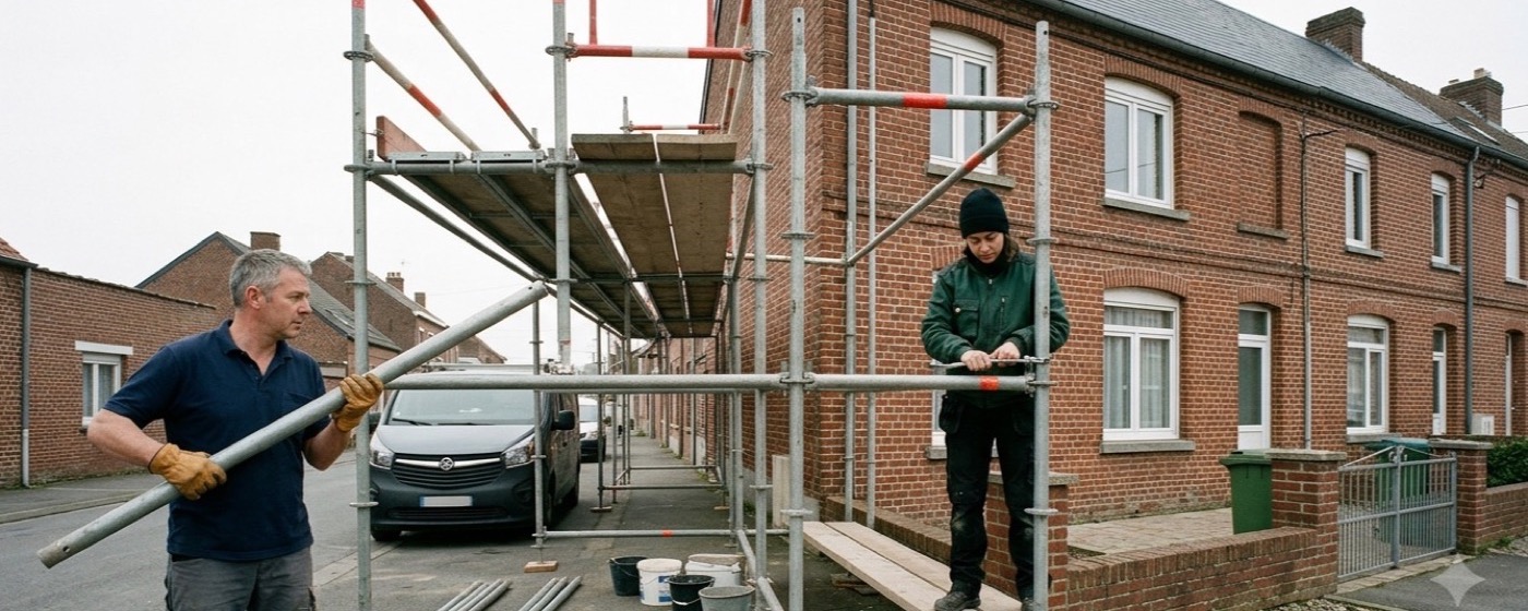 Façadiers qui montent un échafaudage le long d'une maison à ravaler
