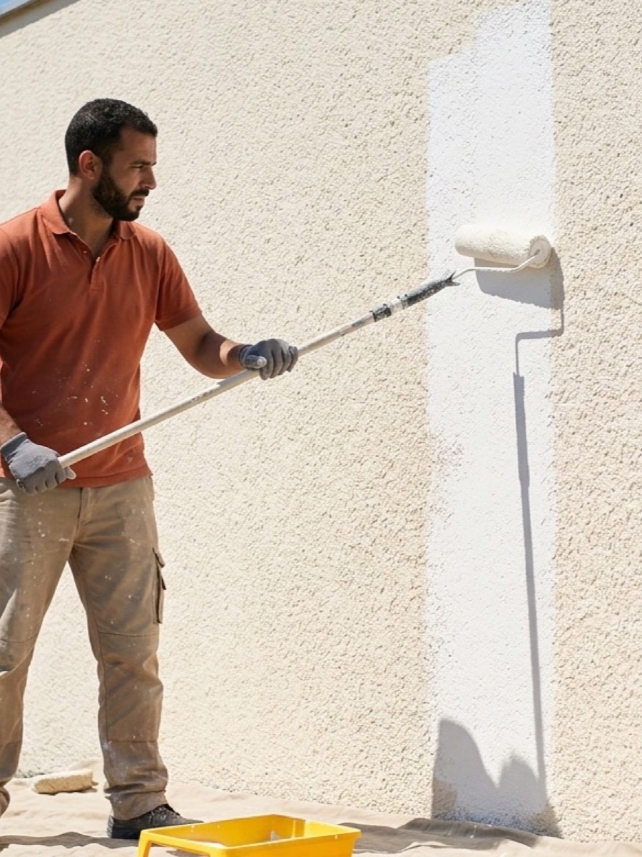 Un façadier applique un enduit de ravalement sur une façade