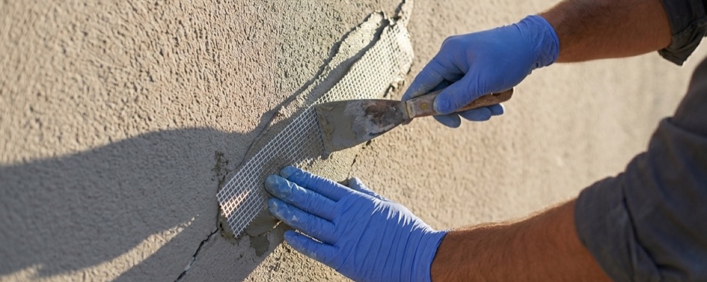 Façadier qui traite une fissure avant la reprise de l'enduit