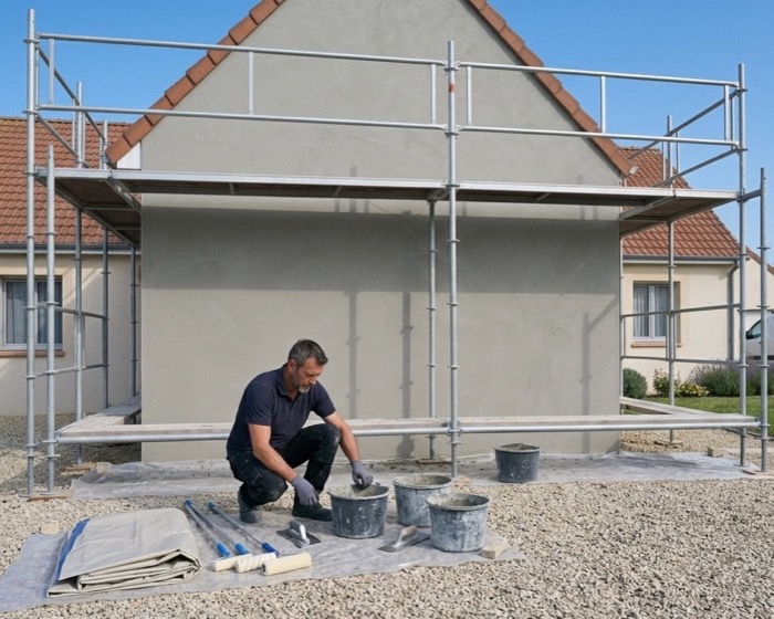 Façadier sur un chantier de ravalement, façade en cours d'enduit